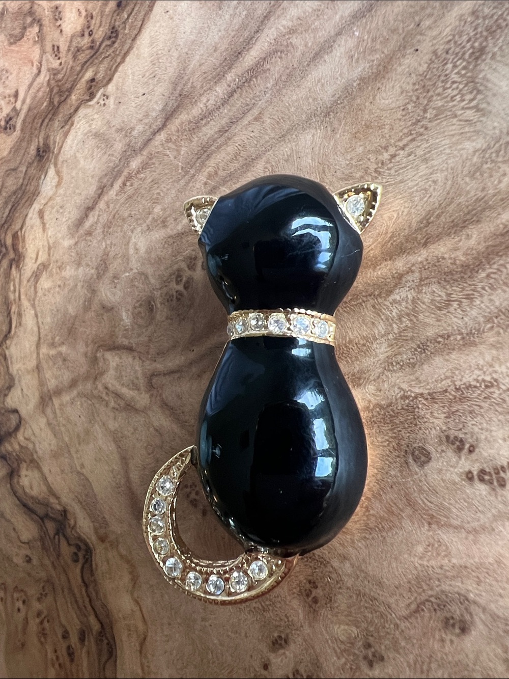 Signed 1970s Roman Black Cat Brooch with Gold and Crystal Accents